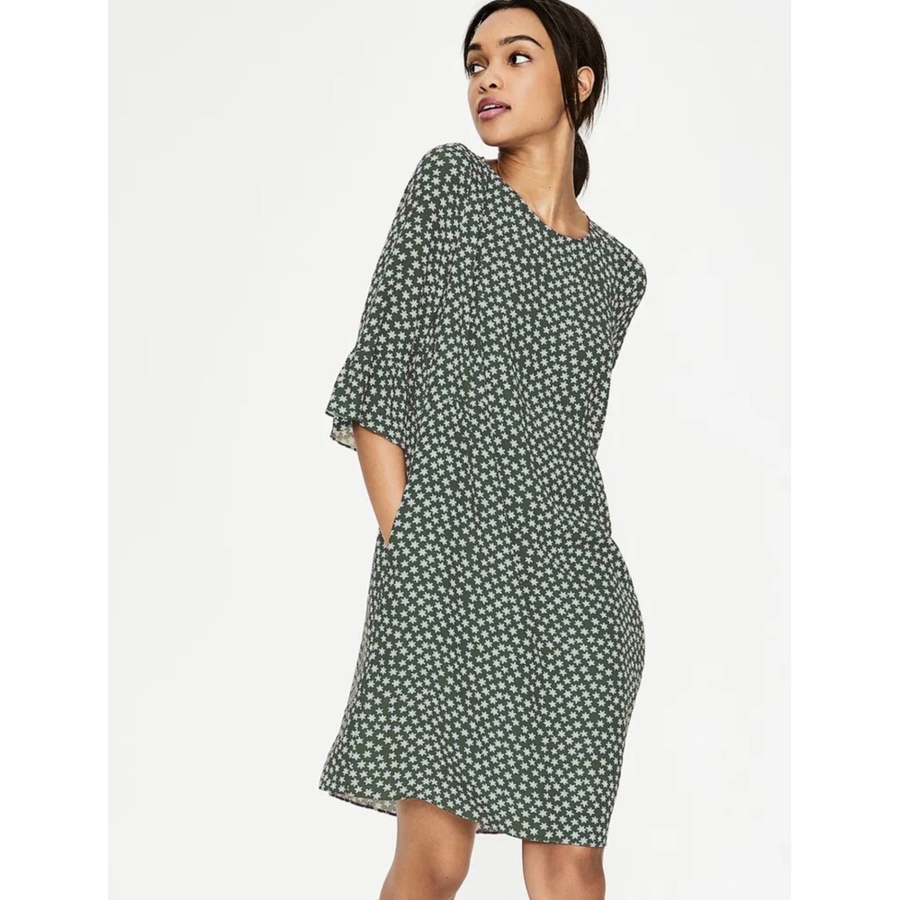 Boden Hyacinth Green Star Floral Print Dress Size 6L Lightweight Retro Office